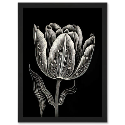 Tulpe Blume weiß auf schwarz Blind Kontur Volkskunst gerahmtes Kunstbild Druck A4
