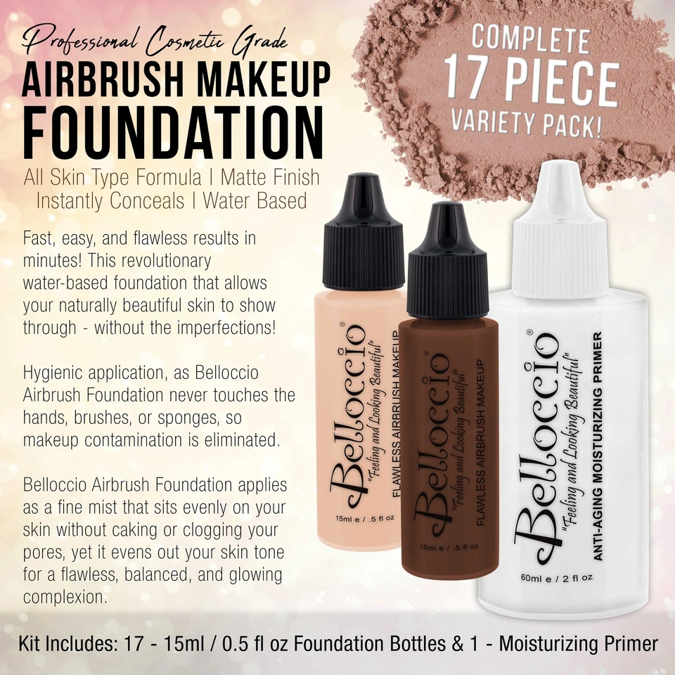 Belloccio 17 SHADE Airbrush Makeup FOUNDATION SET Fair Medium Tan Dark Face Kit - Image 2 of 4