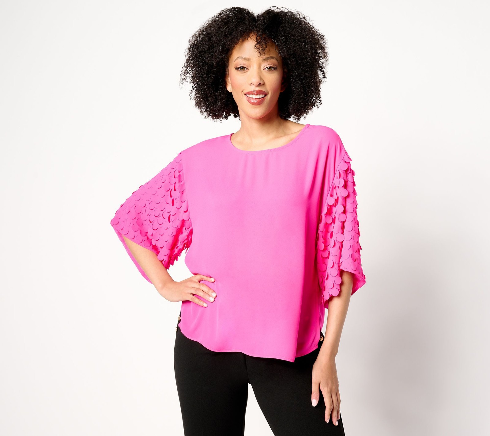 Dennis Basso Women's Top Sz M Woven with Paillette Sleeves Pink A686958