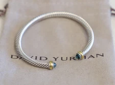 David Yurman 4mm Sterling Silver Blue Topaz & 18K Gold Cable Cuff Bracelet