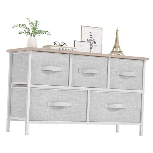 5-Drawer Fabric Dresser Storage Tower in Light Grey Print - Space-Saving Organizer-image