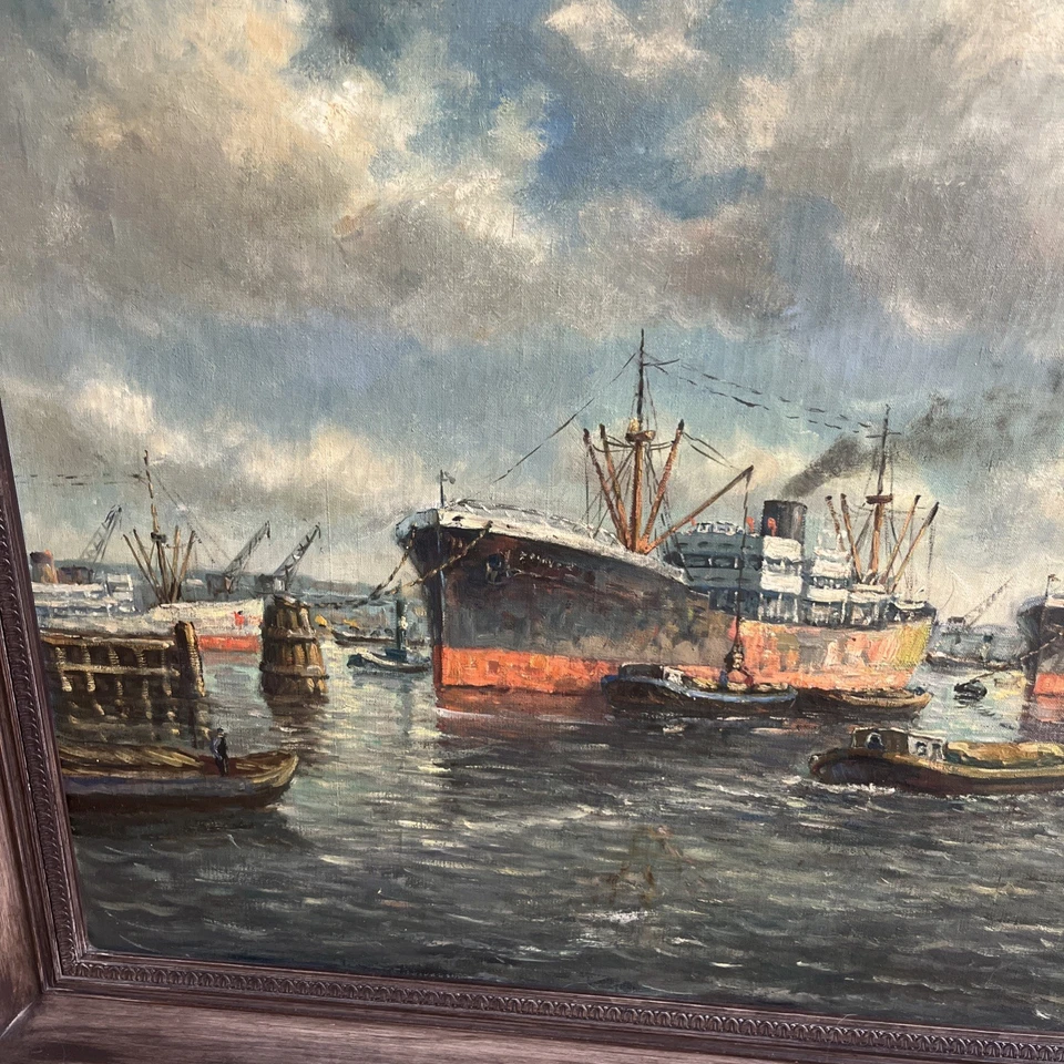 Antique Original Signed Oil On Canvas Painting Of Dutch Harbor   41x 29 framed. - Image 2 of 4
