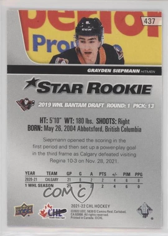 2021 Upper Deck CHL 2020-21 Star Rookies Exclusives /100 Grayden Siepmann #437 - Image 2 of 2