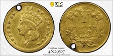 1859 C Charlotte Type 3 Indian Princess Gold One Dollar G$1 PCGS F Detail Holed