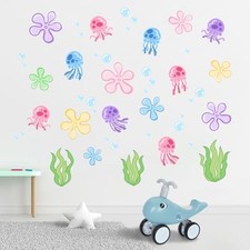 Under The Sea Wall Decals Stickers, Watercolor Ocean Flower Bubble Jellyfish