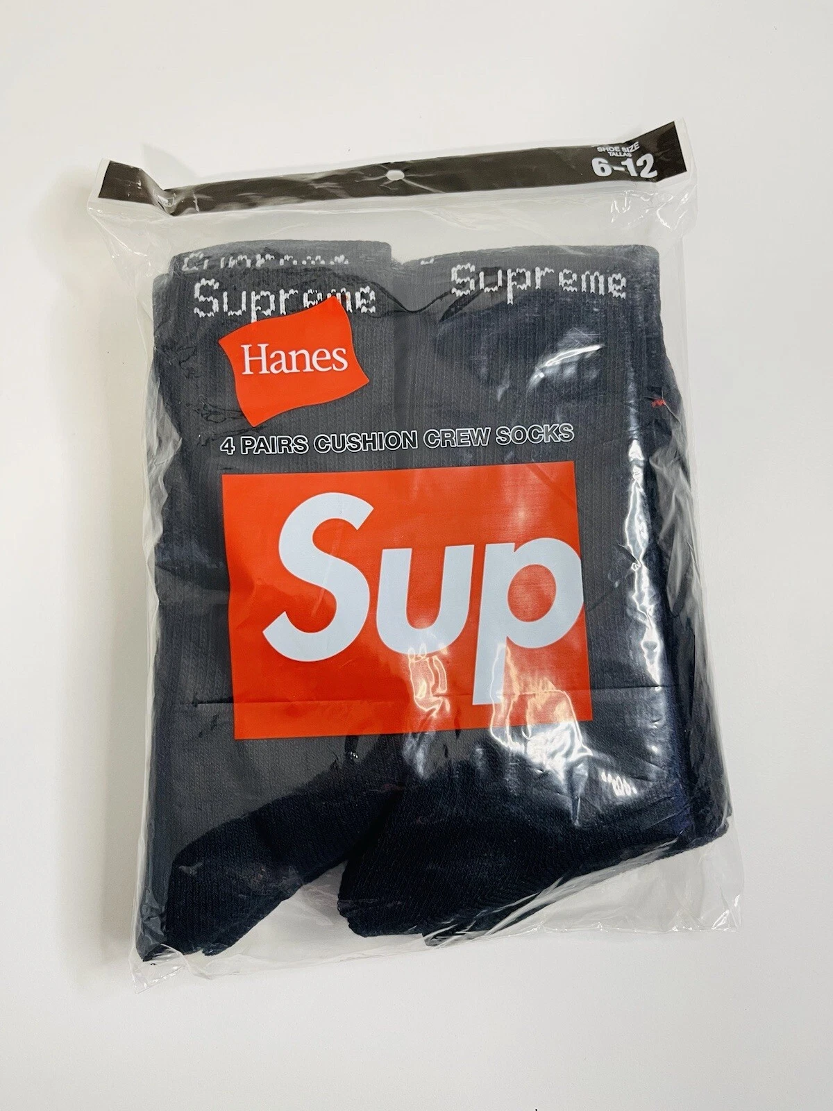 Lot de 4 chaussettes Supreme Hanes noires homme taille 6 12 Crew NEUVES scellées AUTHENTIQUE