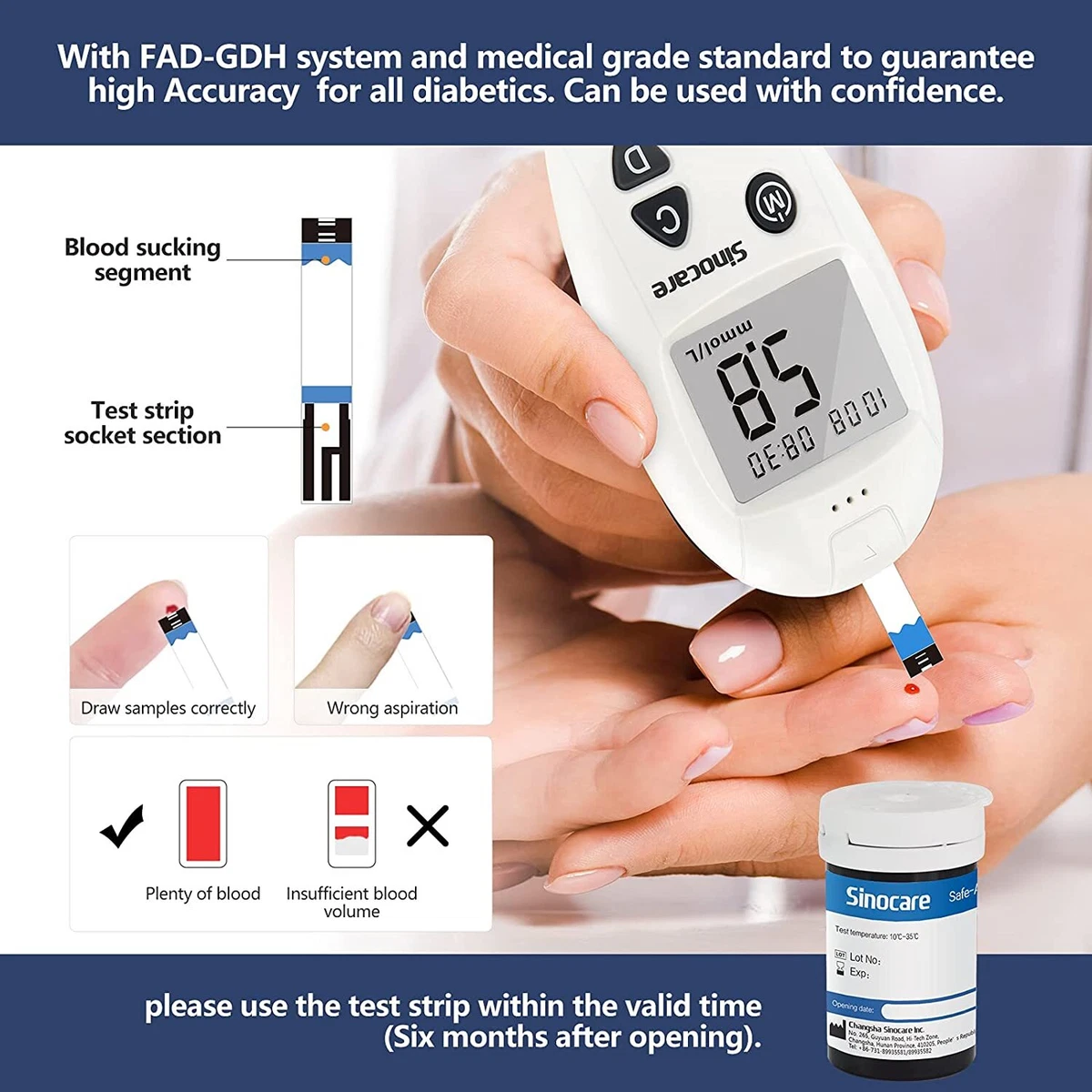 SINOCARE Medidor de glucosa en sangre Safe-ACCU con 100 tiras reactivas