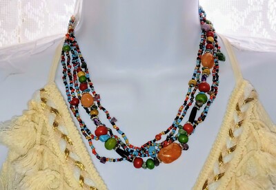 Assorted Multi Strands Mixed Seed Beads Stones Wood Beads Boho Hippie Necklace 