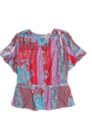 Chicos  Blouse Top 2 US 12 Red Blue White  Print Peplum Hem Patchwork