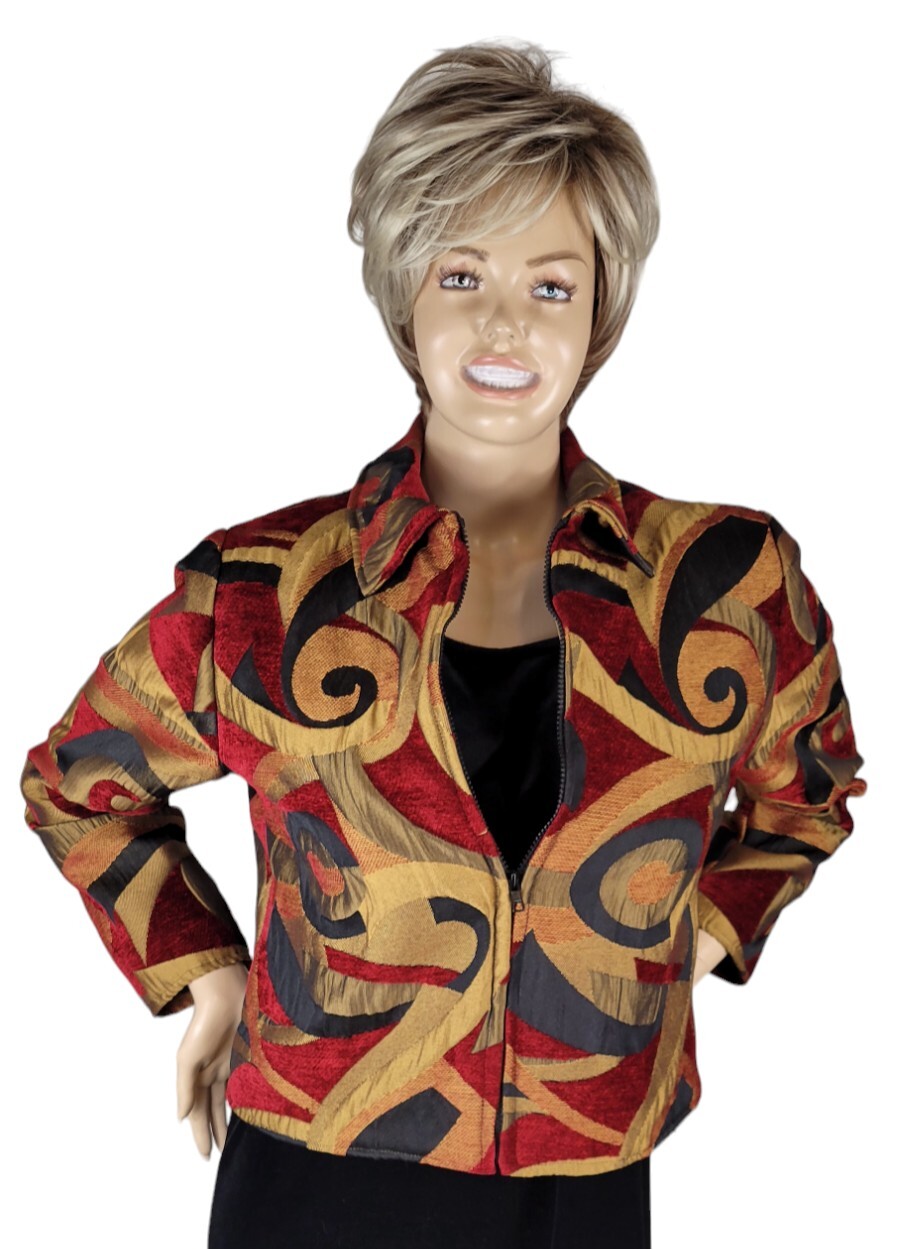 Giacca arazzo in velluto vintage dipinta unica USA tagliata astratta pony taglia M