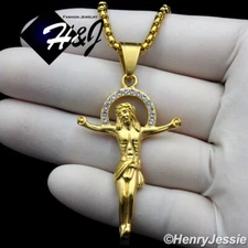 18-36"Stainless Steel 3mm Gold Plated Box Chain Cubic Zirconia JESUS Pendant*122