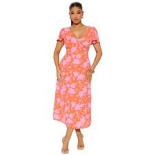 Fashion Nova Womens Orange Pink Floral Resort Vneck Short Sleeve Maxi Dress 2XL