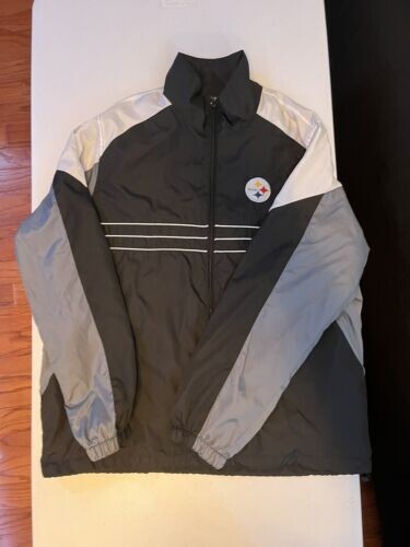 REEBOK Gray Black White Size Large Sports Jacket Windbreaker Pittsburgh  Steelers