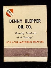DENNY Klepper Oil Co BAY D.C. Full Vintage Front-Striker Matchbook A-1942