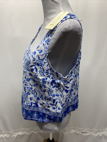 Joie Anthropologie Women Medium Tank White Blue Floral Sleeveless 100% Linen Top - Picture 5 of 12