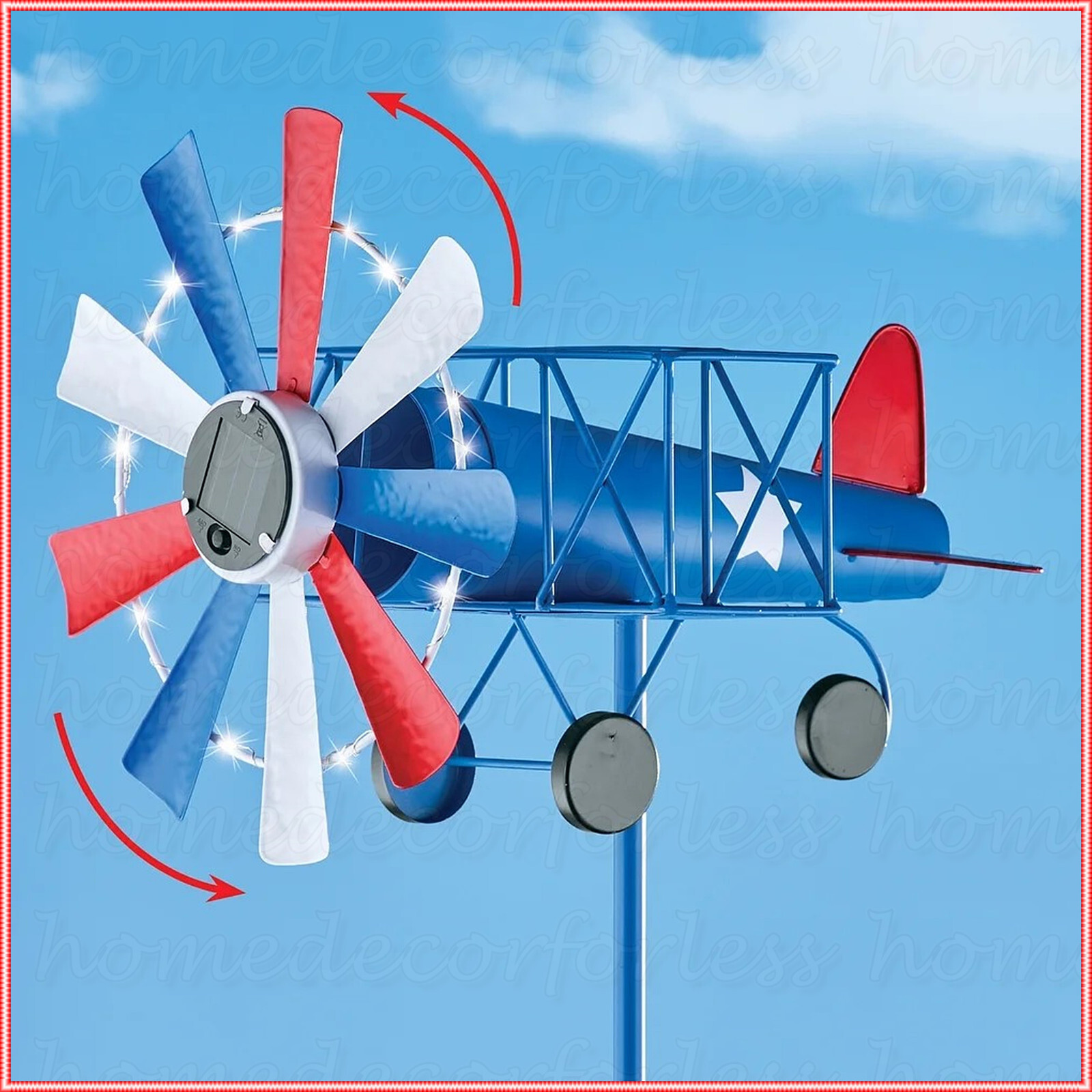 PATRIOTIC Solar AIRPLANE Garden Wind Spinner Stake Outdoor Yard Lawn
