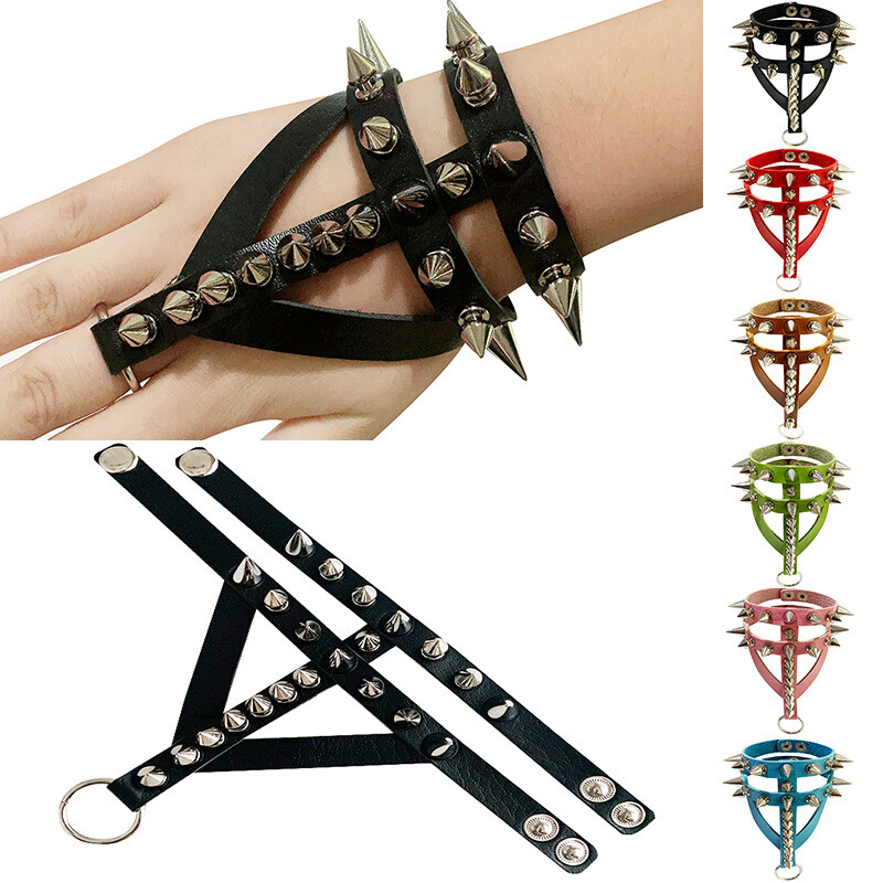 Exclusive Punk Studded Belt with Gothic Spike PU leather Bracelet , 2 Pcs set 2 pcs set Gothic Spike faux leather punk bracelet Wristband  main image 4