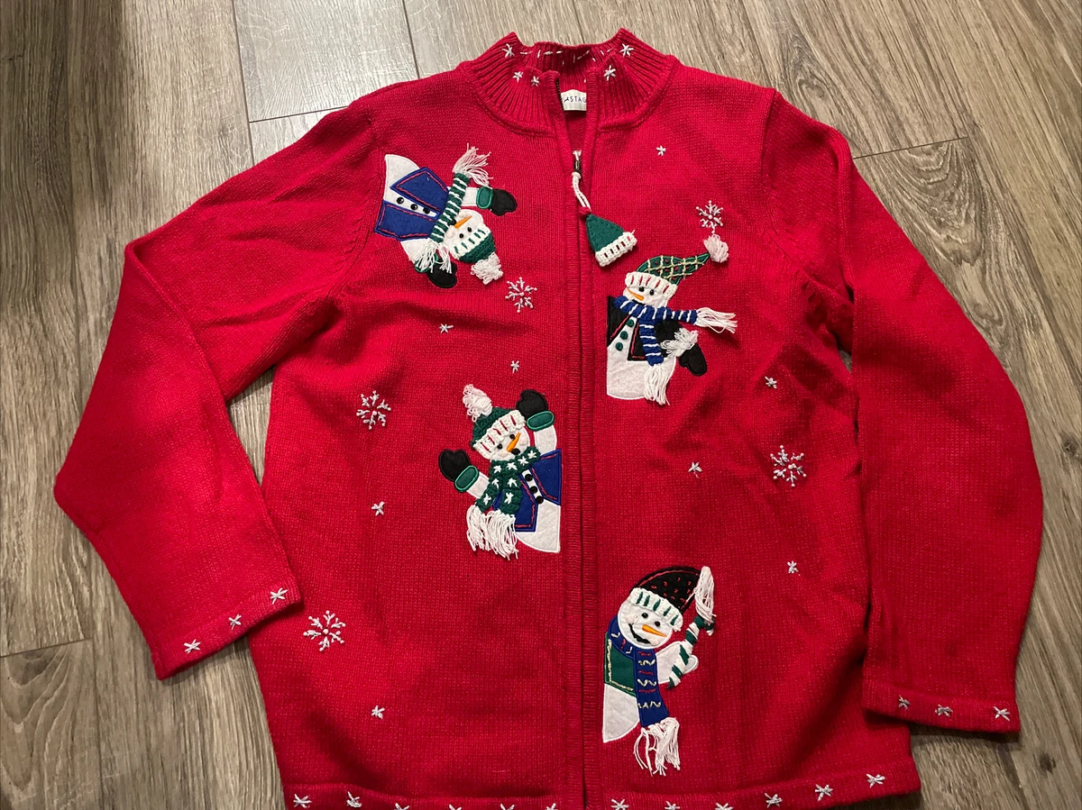 Women s White Stag Ugly Christmas Zip Cardigan Sweater Snowmen on back L 12 14