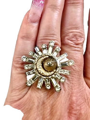 CHANEL Ring AUTH Vintage Rare CC Gold Gp Rhinestone COCO Mark