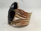 Vtg 80s Statement Bracelet Hinged w Gold Leaves With A Huge Black Stone