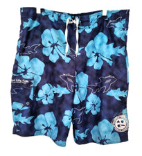 Maui Sons Boys Swim Trunks Size L 14-16 Blue Floral/Fish Mesh Lined Drawstring