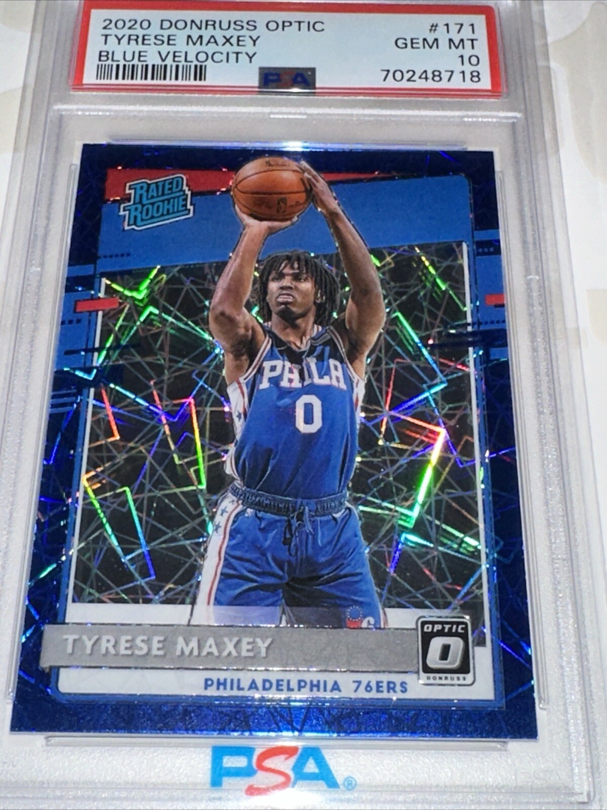2020-21 Donruss Optic Tyrese Maxey Blue Velocity Prizm Rated Rookie #171 PSA 10