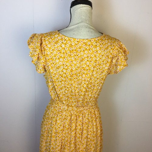 Antiguo Vestido Azul Marino Midi Envolvente Talla S Mujer Amarillo Floral Cuello en V Cintura Elástica Cinturón - Imagen 15 de 16