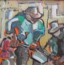 Athos FACCINCANI (Peschiera Garda 1951) Uomini al lavoro ANNI '70 OLIO cm 45x45