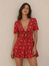 Reformation Women Grace Floral Front Tie Mini Dress in Red Viscose Size 0