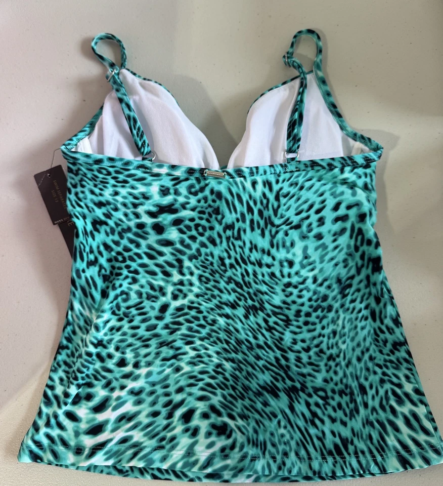 Blusa de banho feminina Dana Buchman 12 Tankini com aro verde preta estampa de leopardo - Imagem 2 de 4