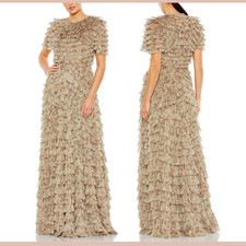 NWT Mac Duggal [ 6 ] 8017 Ruffle Tiered Short Sleeve A Line Gown in Ecru #S1934