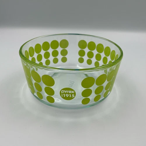 Vintage Pyrex 1915 Anniversary Lime Green Polka Dot Clear Glass 1 QT Bowl 7201