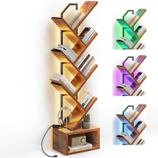 6-Tier Tree Bookshelf — Narrow Floor Standing Bookcase, Tall Steel & Wood Boo...