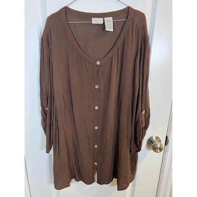 White Stag Woman Top Button Front Roll Tab Coffee House Brown 22W/24W