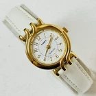 Vintage Timex 1998 Retro Women's Fancy Lug Dress Watch Gold White Leather F9