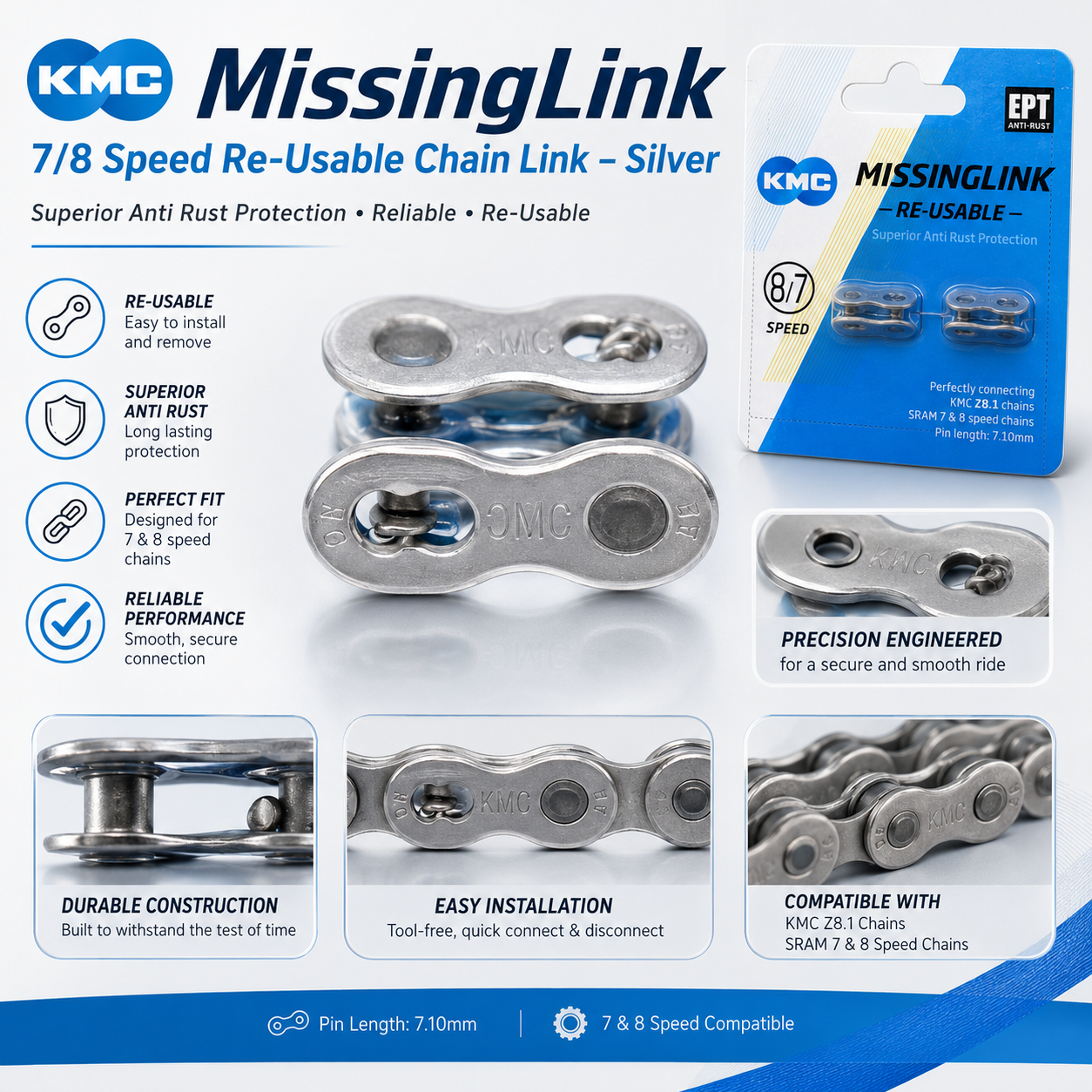 KMC MissingLink 7/8 Speed Re-Usable Chain Link – Silver