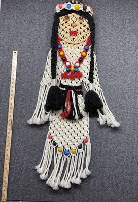 Vintage  Large 70s  Woven  Macrame Native American Woman  Wall Hanging
