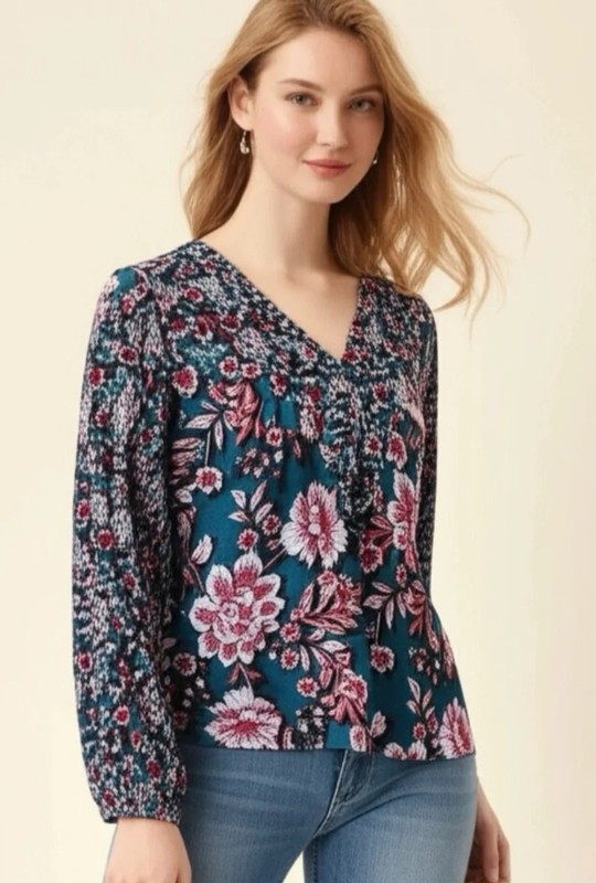 BAND OF THE FREE Anthropologie Josie Blue Floral Print Long Sleeve Blouse M NWT