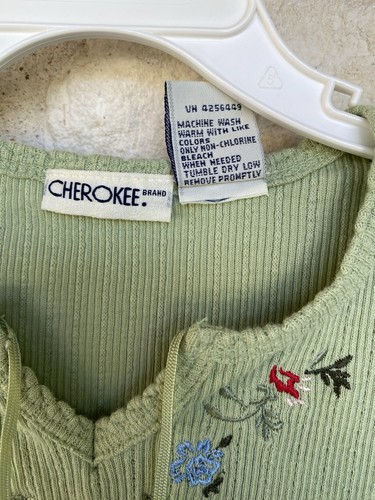 Cherokee Embroidered Tie-Neck Boho Short Sleeve Green Shirt Girls Size M 7/8 - Picture 5 of 5
