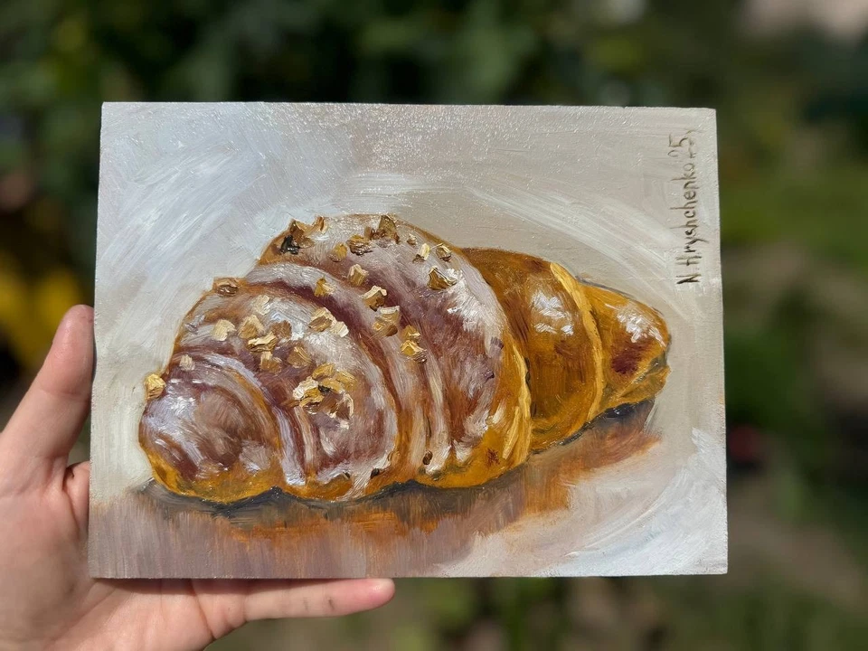 Croissant Original Oil Painting STILL LIFE KITCHEN Food Collectible Art 6x8 inch - image 3 of 4