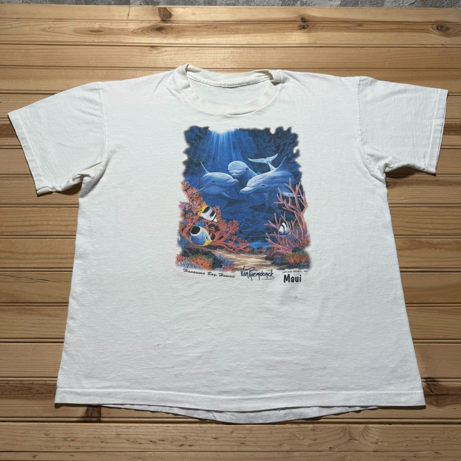 Vintage 90s Eric Van Raemdonck Maui Dolphin Art Hanauma Bay Hawaii Shirt - XL