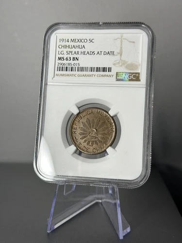 1914 Mexico 5 Centavos Coin Chihuahua Large Spear Heads at Date NGC MS63 BN