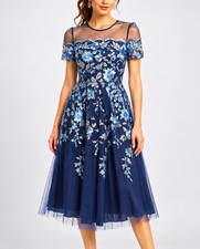 Eliza J 6P Petite Navy Floral Embroidered Illusion Fit Flare Midi Dress NWT $278