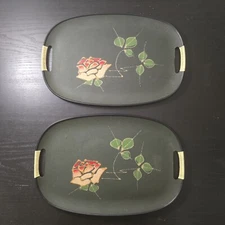 Hand Painted Floral Fiberboard Wrapped Handles Serving Trays (Set Of 2)