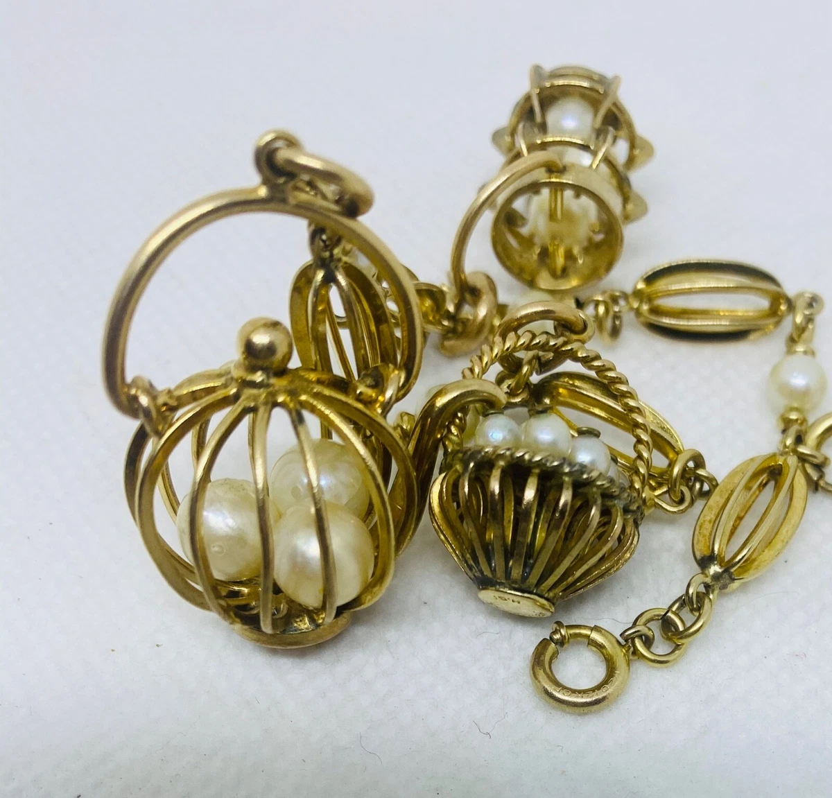 Vintage 12k Gold Filled Charm Bracelet With Gold Filled Bird Cage & Pearl  Charms