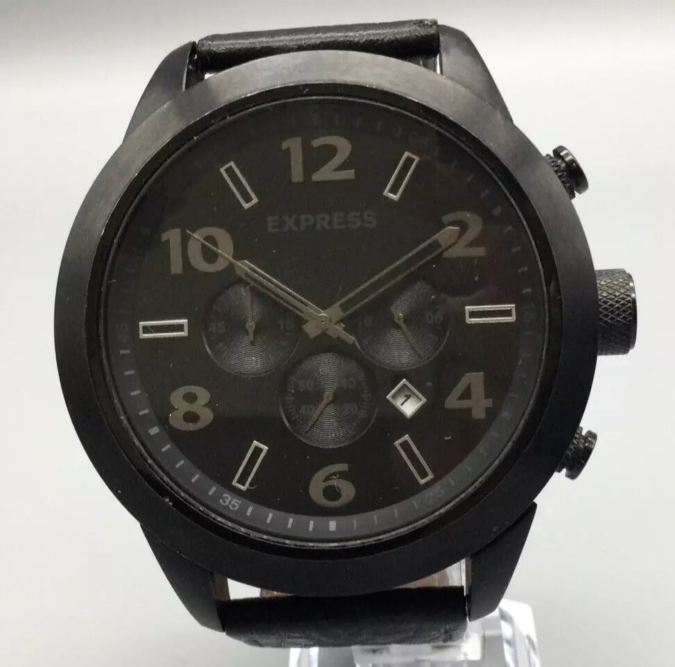 Express Chronograph Watch Men Black Date 30M Stainless Leather