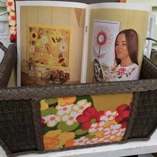 Vtg MCM Groovy 70s Orange Yellow Floral Wicker Storage Sewing Basket w Craft Bk