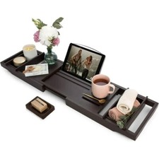 Luxury Bamboo Bathtub Tray- Brown Expandable Bath Tray - Adjustable Organize..