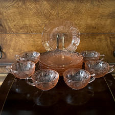 Depression Glass CHILD DISHES, Jeannette CHERRY BLOSSOM, Pink,12 Pcs Cups Plates