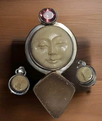 Tolles Sajen Sterlingsilber geschnitzte Göttin Anhänger & Ohrring Set #9551